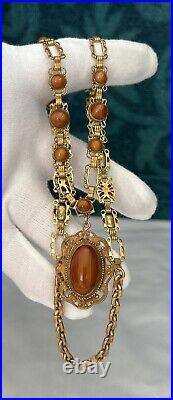 Antique Art Deco Brass Pendant Ornate Necklace Chatoyant Brown Glass 26