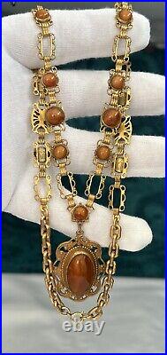 Antique Art Deco Brass Pendant Ornate Necklace Chatoyant Brown Glass 26