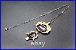 Antique Art Deco Brass Purple Czech Glass Pendant Necklace