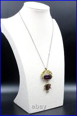 Antique Art Deco Brass Purple Czech Glass Pendant Necklace