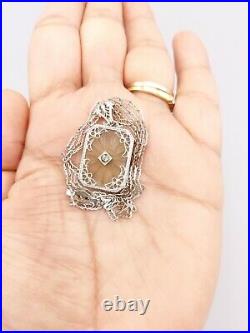 Antique Art Deco Camphor Glass 9K White Gold Filigree, Quartz stone Necklace