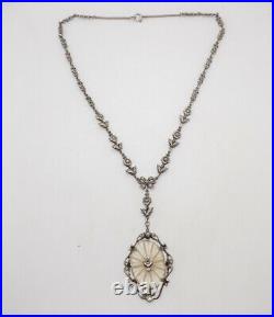 Antique Art Deco Camphor Glass Marcasite Necklace Sterling Silver 16