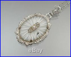 Antique Art Deco Camphor Glass Pendant Necklace Victorian Revival Silver Tone