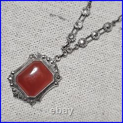 Antique Art Deco Carnelian Marcasite Signed Sterling Pendant Necklace