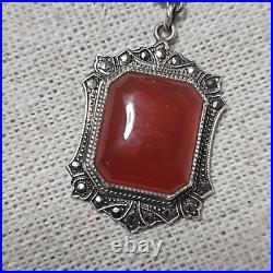 Antique Art Deco Carnelian Marcasite Signed Sterling Pendant Necklace