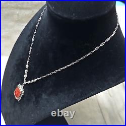 Antique Art Deco Carnelian Marcasite Signed Sterling Pendant Necklace