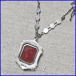 Antique Art Deco Carnelian Marcasite Signed Sterling Pendant Necklace