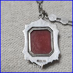 Antique Art Deco Carnelian Marcasite Signed Sterling Pendant Necklace