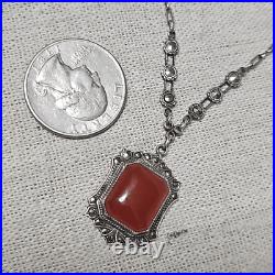 Antique Art Deco Carnelian Marcasite Signed Sterling Pendant Necklace