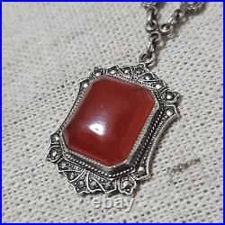 Antique Art Deco Carnelian Marcasite Signed Sterling Pendant Necklace