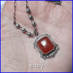 Antique Art Deco Carnelian Marcasite Signed Sterling Pendant Necklace