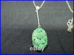 Antique Art Deco Carved Jade & Pearl 9ct White Gold Necklace Pendant 17 Ins