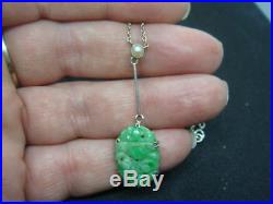 Antique Art Deco Carved Jade & Pearl 9ct White Gold Necklace Pendant 17 Ins