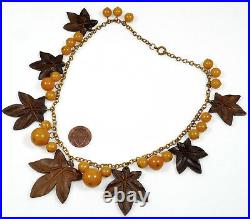Antique Art Deco Carved Wood Maple Leaves Bakelite Beads Chain Necklace