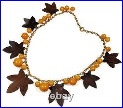 Antique Art Deco Carved Wood Maple Leaves Bakelite Beads Chain Necklace