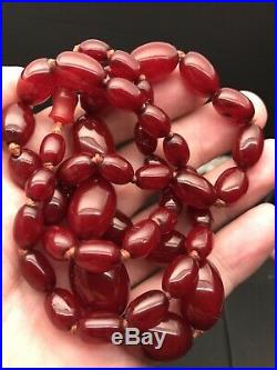 Antique Art Deco Cherry Amber Bakelite Oval Bead Necklace 28 Long