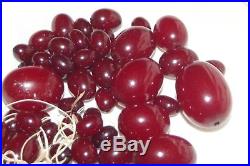 Antique Art Deco Cherry Red Amber Bakelite Beads Necklace 72.4 grams