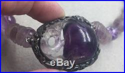 Antique Art Deco Chinese Carved Amethyst Bead Pendant Clasp Necklace