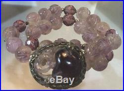 Antique Art Deco Chinese Carved Amethyst Bead Pendant Clasp Necklace