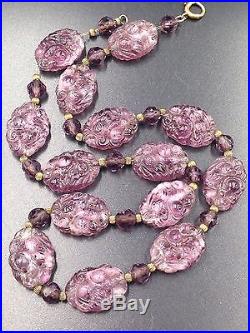Antique Art Deco Chinese Export Carved Amethyst Necklace Choker Gold-Fill Chain