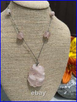 Antique Art Deco Chinese Export Carved Pink Quartz Sterling Silver Necklace