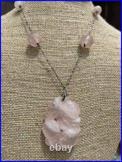 Antique Art Deco Chinese Export Carved Pink Quartz Sterling Silver Necklace
