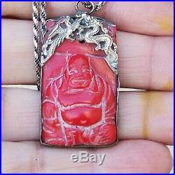Antique Art Deco Chinese Sterling Silver 925 Carnelian Buddha Necklace Pendant