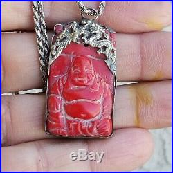 Antique Art Deco Chinese Sterling Silver 925 Carnelian Buddha Necklace Pendant