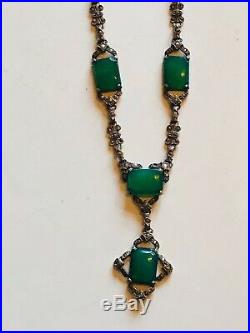 Antique Art Deco Chrysoprase Necklace Sterling Silver Marcasite Lavalier Drop
