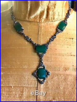 Antique Art Deco Chrysoprase Necklace Sterling Silver Marcasite Lavalier Drop