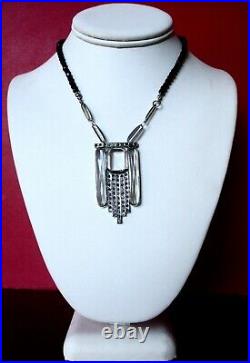 Antique Art-Deco Clear Crystal Pendant Necklace With Black Glass Beads