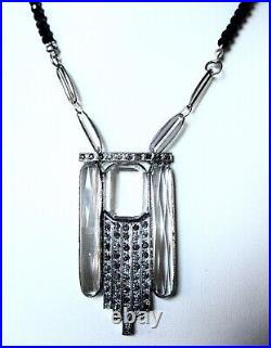 Antique Art-Deco Clear Crystal Pendant Necklace With Black Glass Beads