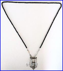 Antique Art-Deco Clear Crystal Pendant Necklace With Black Glass Beads