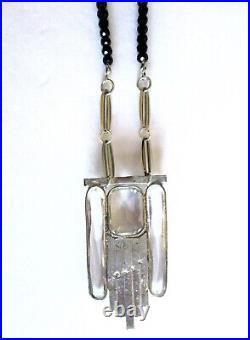 Antique Art-Deco Clear Crystal Pendant Necklace With Black Glass Beads