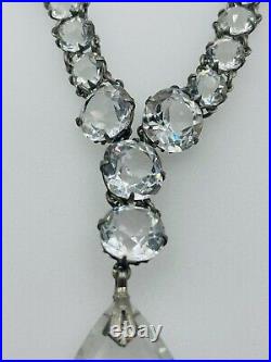 Antique Art Deco Clear Czech Crystal Glass Silver Tone Drop Necklace