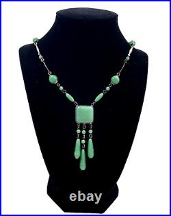 Antique Art Deco Collier Necklace Czech Green Jade Peking Glass Tassel Perfect