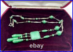 Antique Art Deco Collier Necklace Czech Green Jade Peking Glass Tassel Perfect