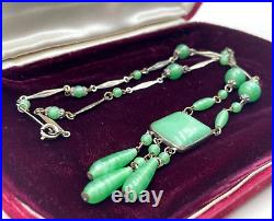 Antique Art Deco Collier Necklace Czech Green Jade Peking Glass Tassel Perfect