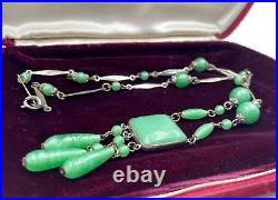 Antique Art Deco Collier Necklace Czech Green Jade Peking Glass Tassel Perfect