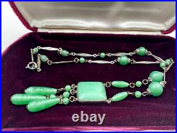 Antique Art Deco Collier Necklace Czech Green Jade Peking Glass Tassel Perfect