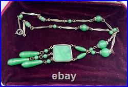 Antique Art Deco Collier Necklace Czech Green Jade Peking Glass Tassel Perfect