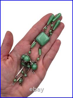 Antique Art Deco Collier Necklace Czech Green Jade Peking Glass Tassel Perfect