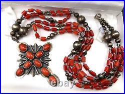 Antique Art Deco Coral Cross & 3-strand Old Branch Coral Beads Sterling Necklace