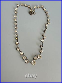 Antique Art Deco Crystal Sterling Silver Necklace Rivière Cut Faceted Rock Quart