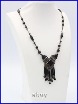 Antique Art Deco Czech Black Glass Geometric Brass Tone Dangle Necklace