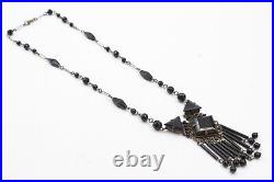 Antique Art Deco Czech Black Glass Geometric Brass Tone Dangle Necklace