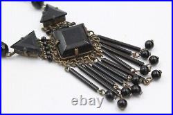 Antique Art Deco Czech Black Glass Geometric Brass Tone Dangle Necklace