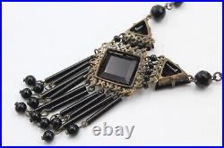 Antique Art Deco Czech Black Glass Geometric Brass Tone Dangle Necklace