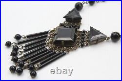 Antique Art Deco Czech Black Glass Geometric Brass Tone Dangle Necklace