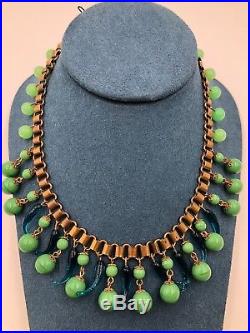 Antique Art Deco Czech Book Chain Necklace Choker Green Jade Peking Art Glass